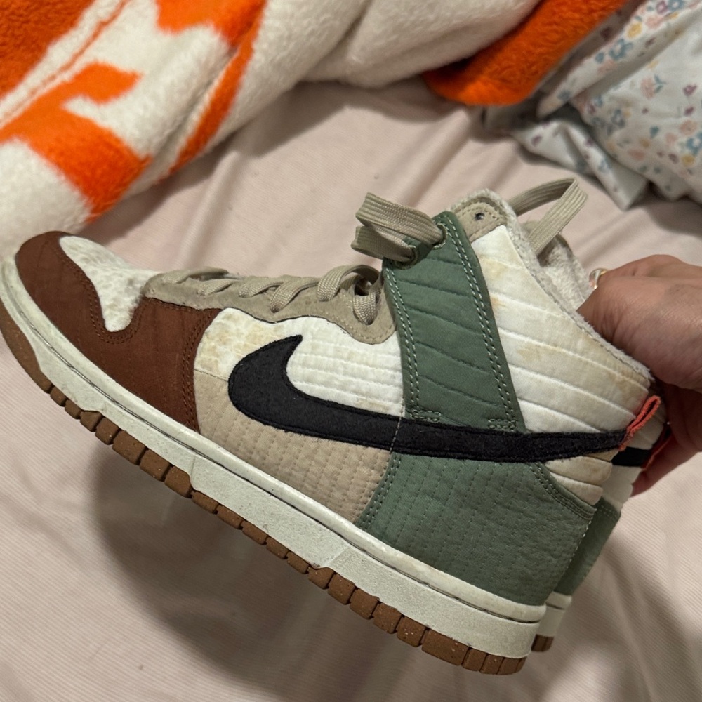 Nike Dunk High Quilted Cream Green Brown with Black Swoosh